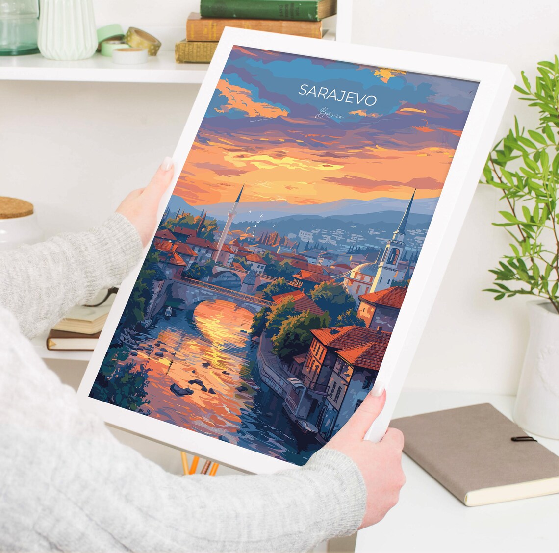 Sarajevo Bosnia Sunset River Skyline Golden Modern Travel Poster - Image 3