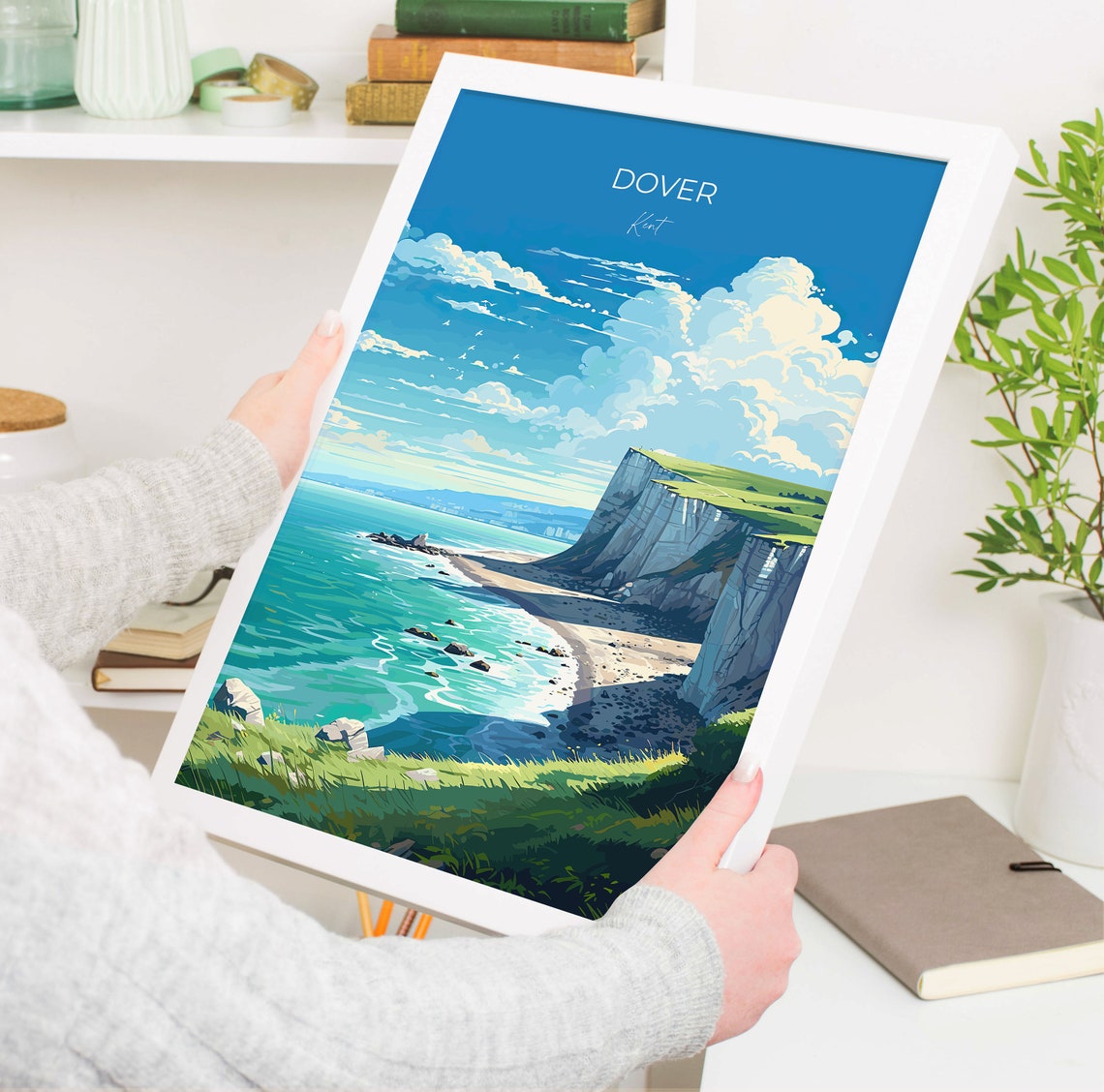 Dover Kent Travel Poster White Cliffs Turquoise Sea Beach Scene - Image 5