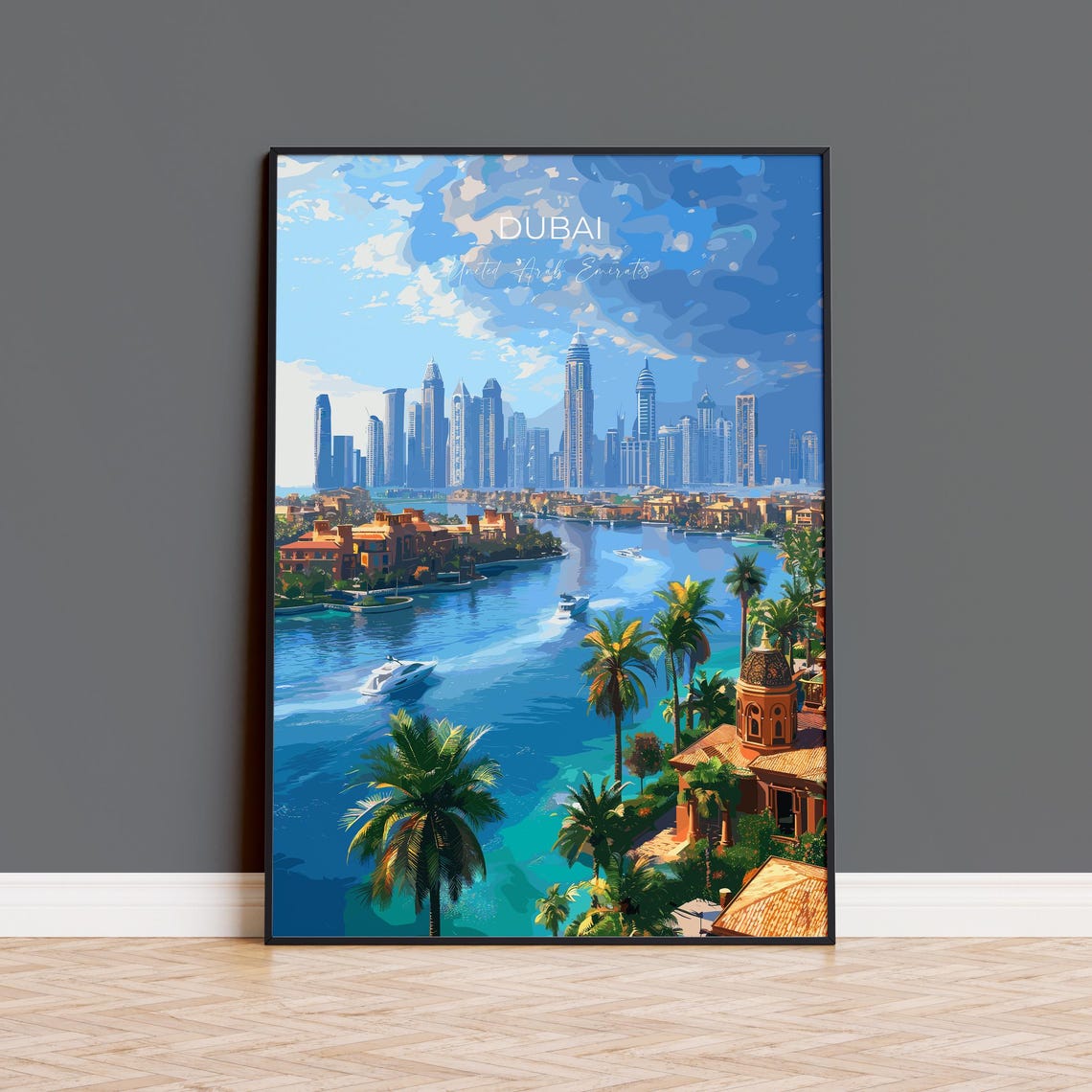 Glittering Dubai Marina Skyline Palm Trees Modern Travel Poster