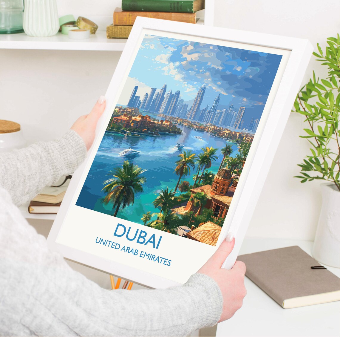 Glittering Dubai Marina Skyline Palm Trees Retro Travel Poster - Image 3
