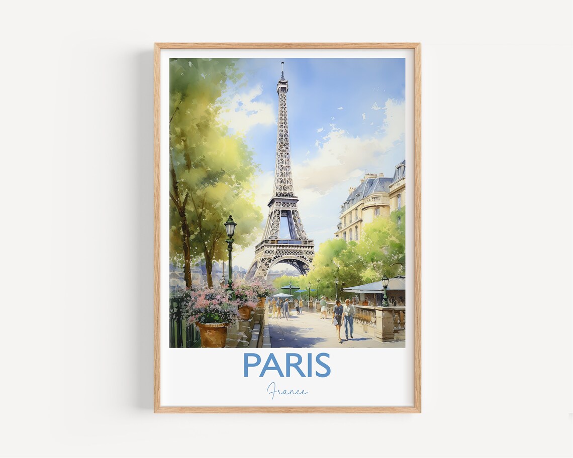 Eiffel Tower Paris France Watercolor Street Scene Travel Poster