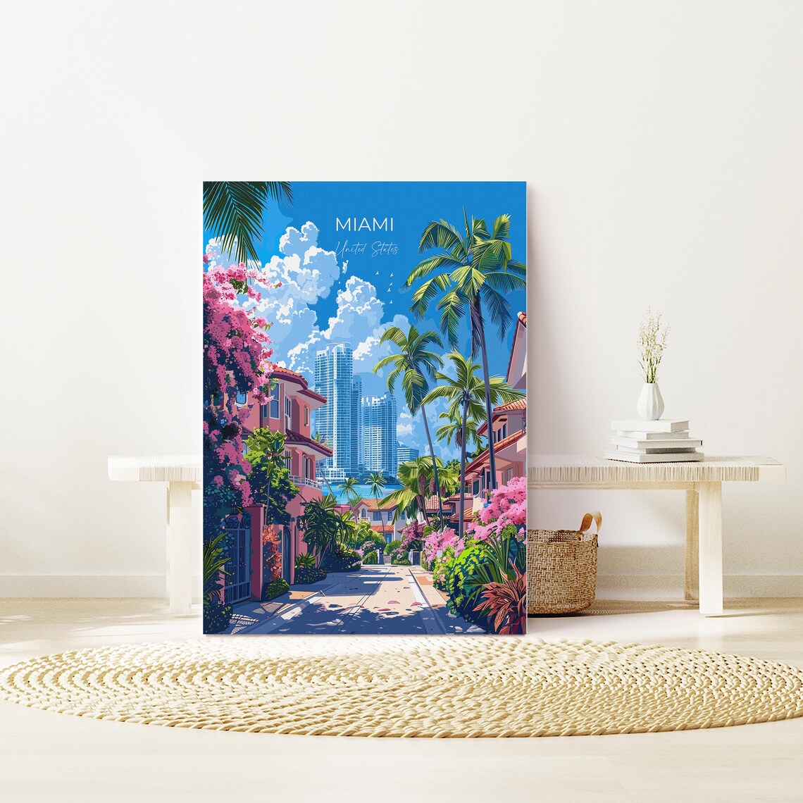 Miami United States Palm Street Pink Blossoms Skyline Travel Poster - Image 2