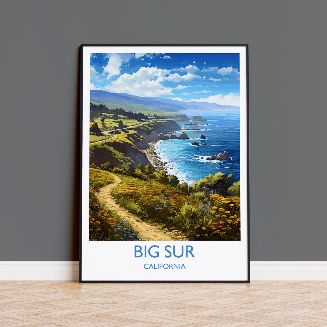 Big Sur California Winding Coast Road Cliff Wildflower Art Poster