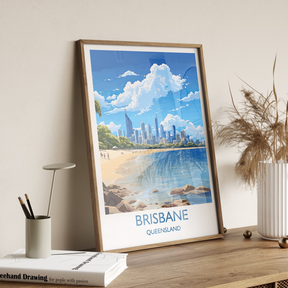 Brisbane Queensland City Skyline Waterfront Beach Scene Travel Poster - Image 2