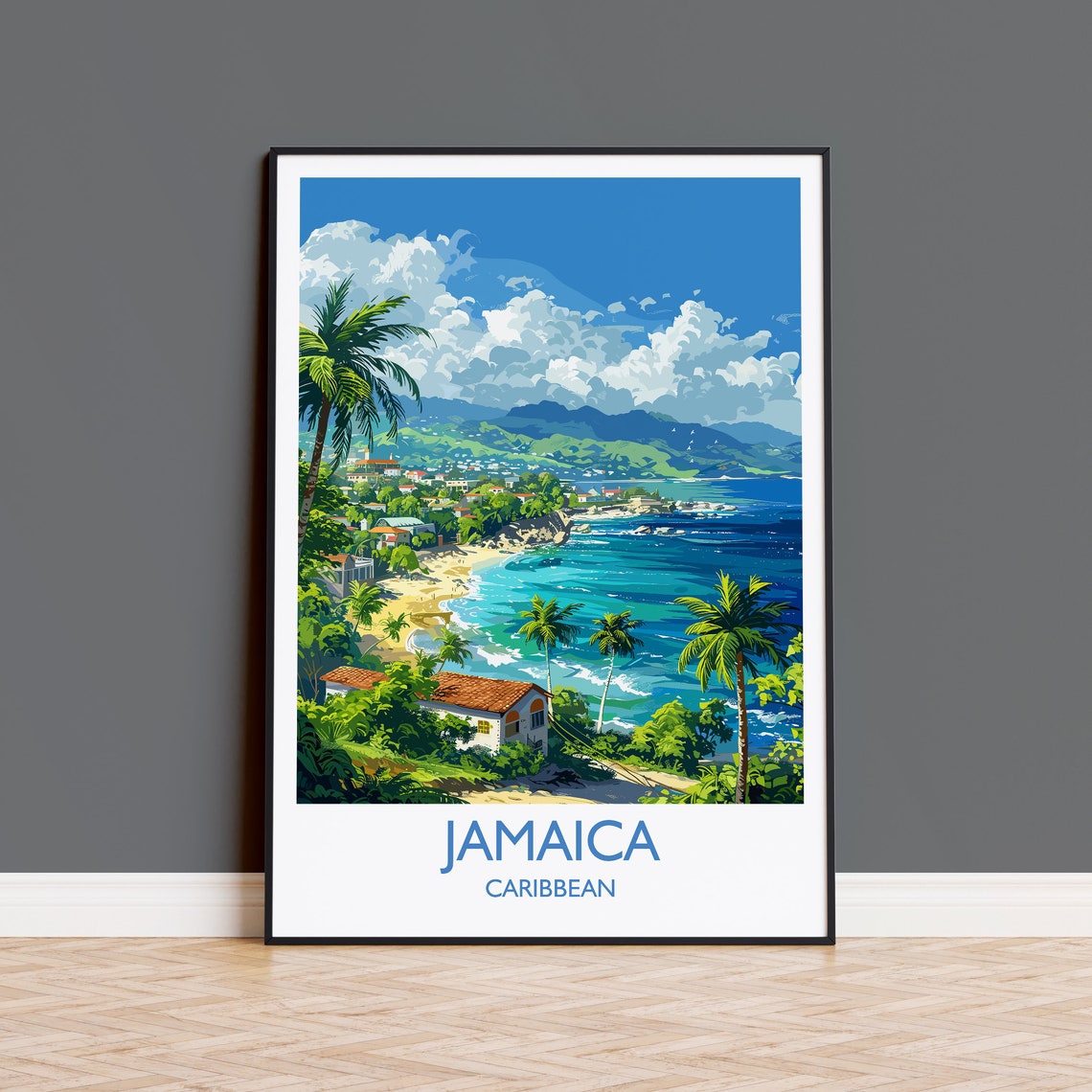 Jamaica Caribbean Coastal Town Panoramic White Border Poster