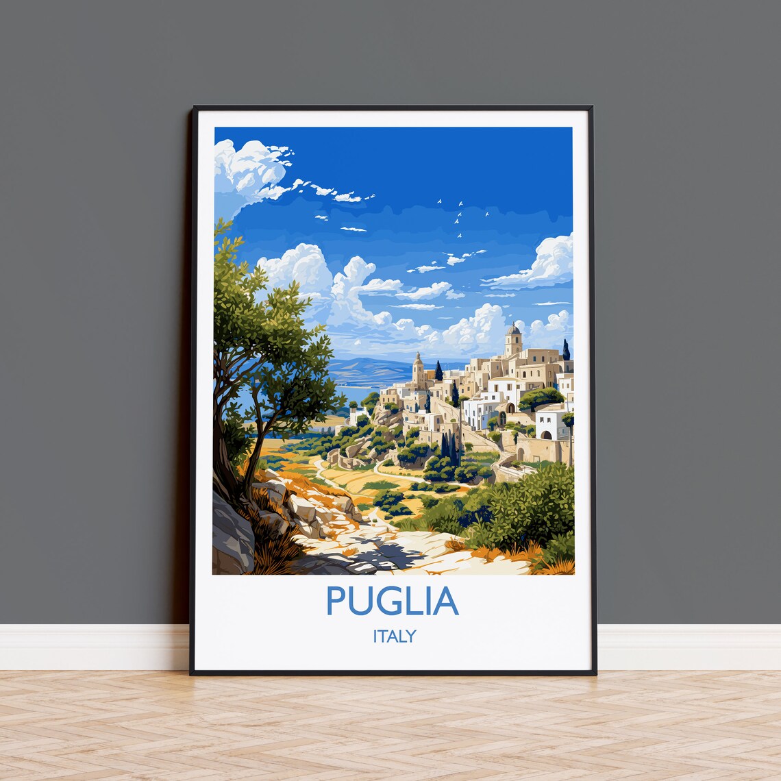 Puglia Italy White Hill Town Olive Trees Coast Travel Poster