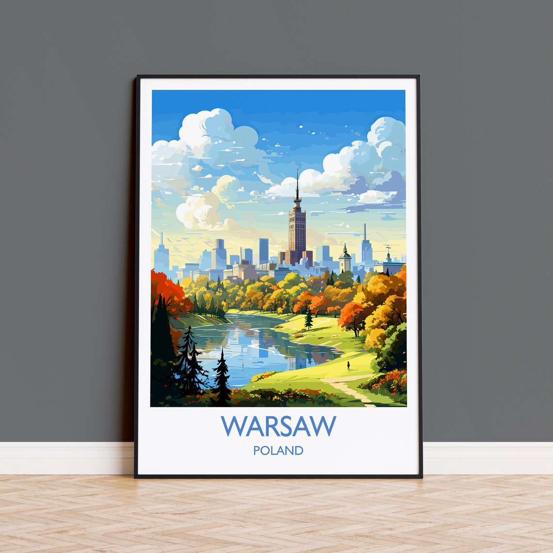 Warsaw Poland Travel Poster Skyline Lake Autumn Trees City View