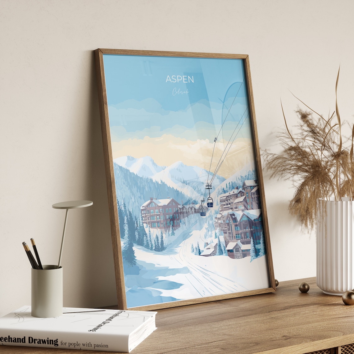 Aspen Colorado Snowy Ski Village Gondola Winter Travel Poster - Image 3