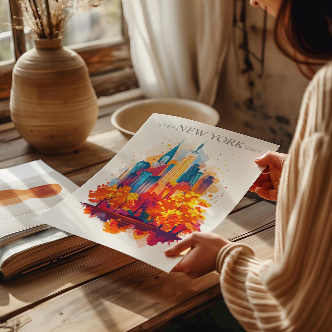 New York Skyline Watercolor Blazing With Fiery Autumn Trees Poster - Image 2