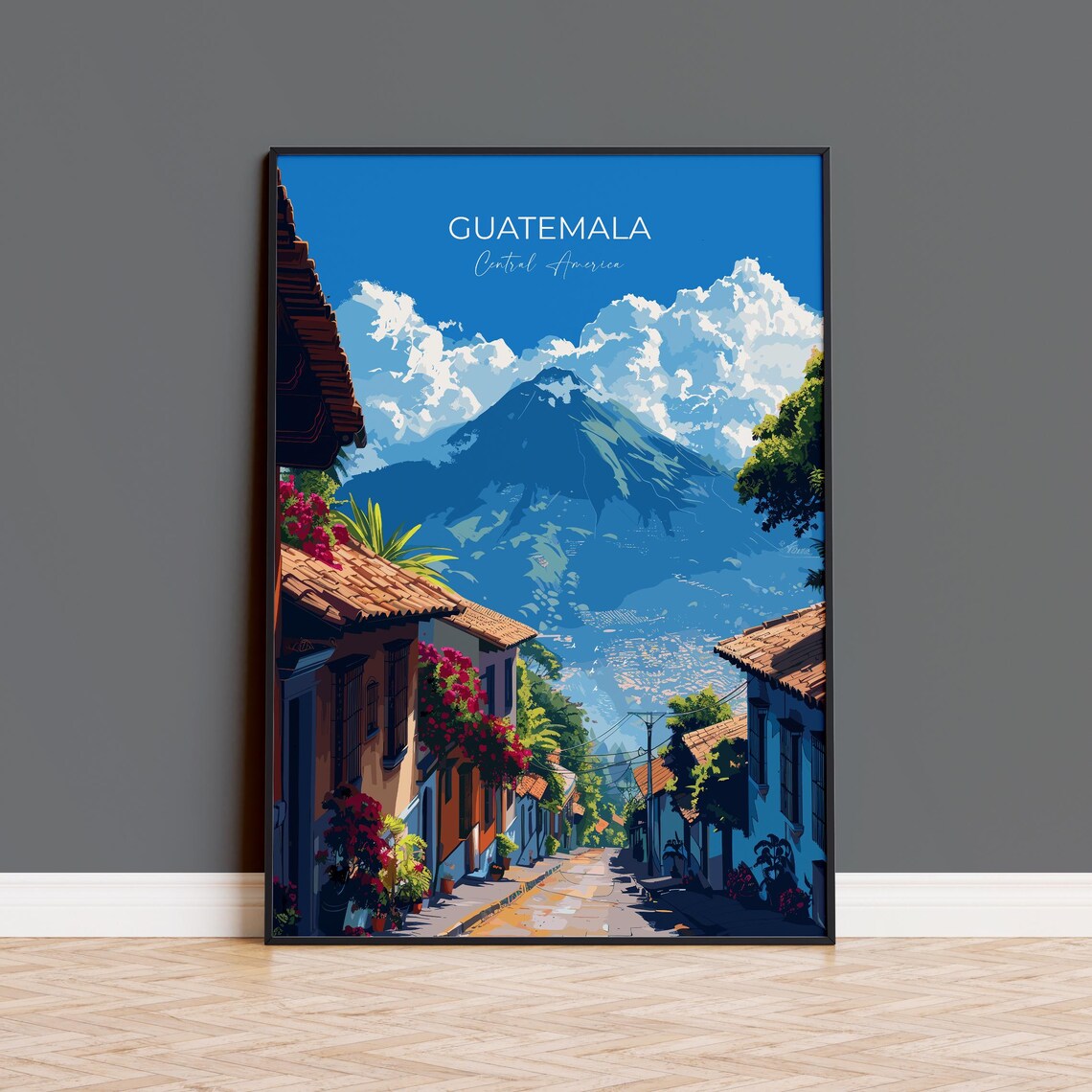 Antigua Colonial Street With Volcano Guatemala Travel Poster