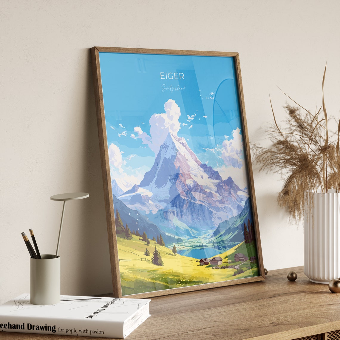 Eiger Switzerland Snow Capped Alpine Peak Meadow View Poster - Image 2