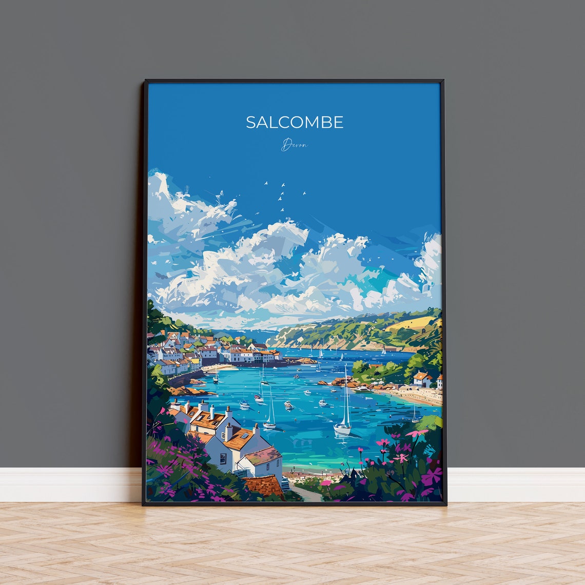 Salcombe Devon Harbor Sailboats Pastel Cottages Coastal Travel Poster