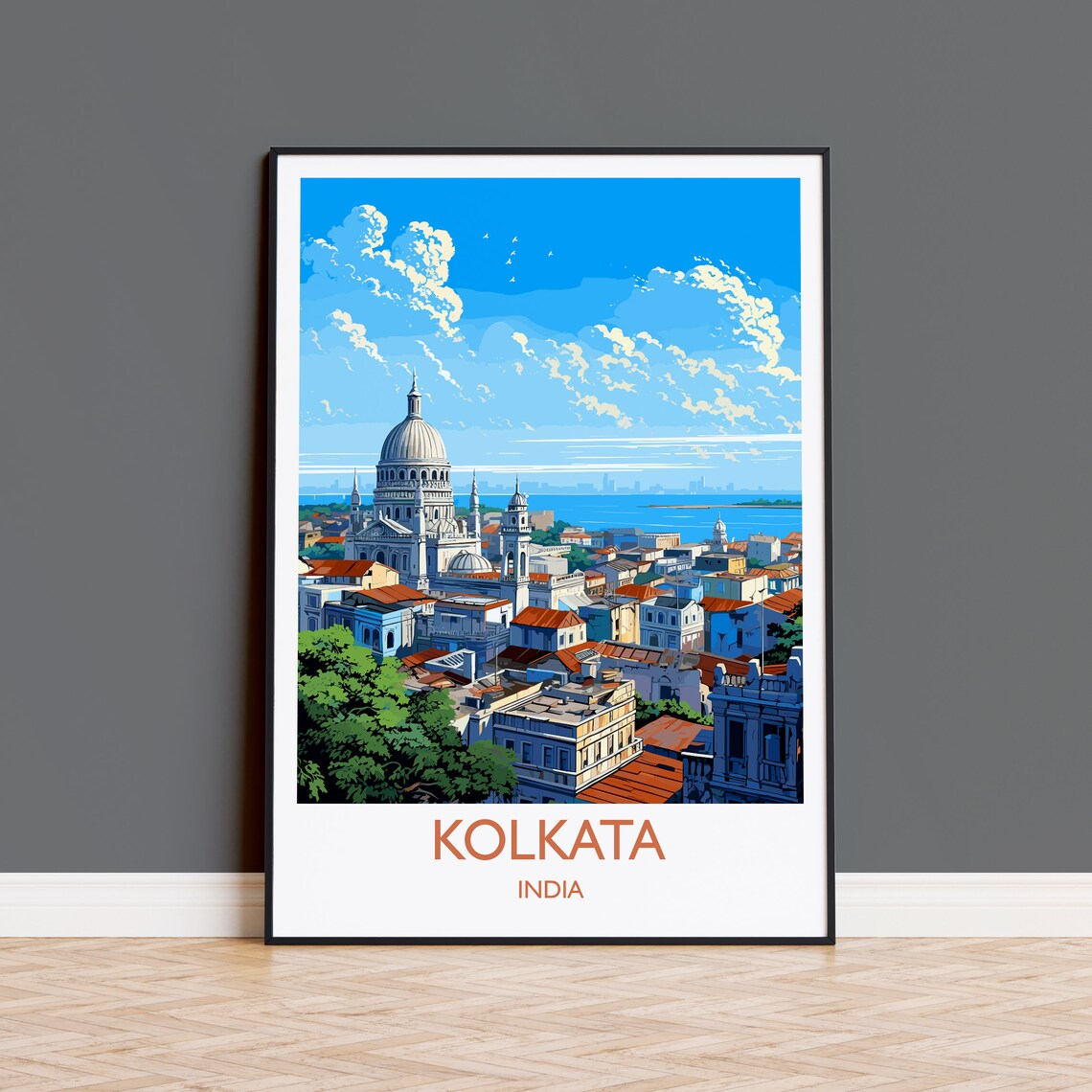 Kolkata India Retro Travel Poster St Pauls Cathedral Skyline Cityscape