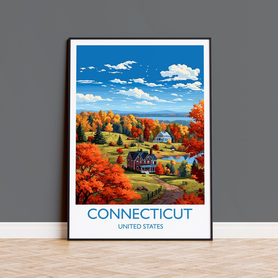 Connecticut Travel Poster, Autumn Fall State Art
