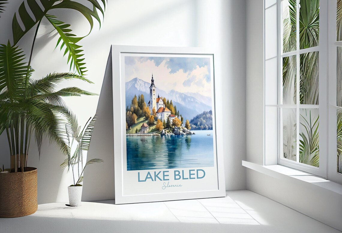 Lake Bled Slovenia Island Church Alpine Watercolor Art Poster - Image 3