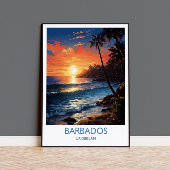 Barbados Caribbean Sunset Palm Trees Ocean Waves Evening Art Poster