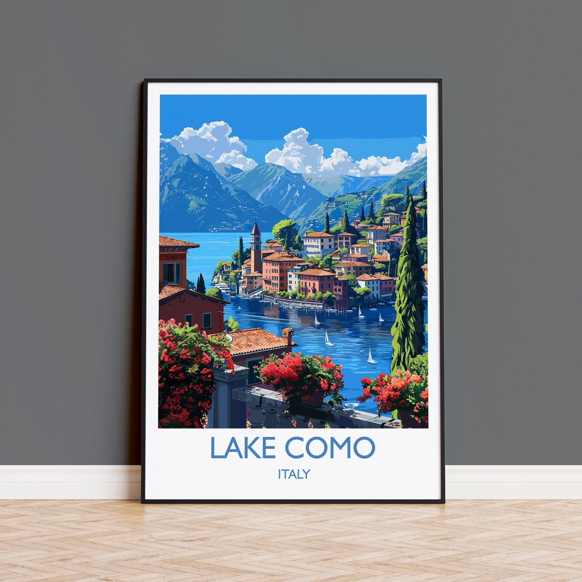 Lake Como Italy Village Sailboats Red Bougainvillea Travel Poster