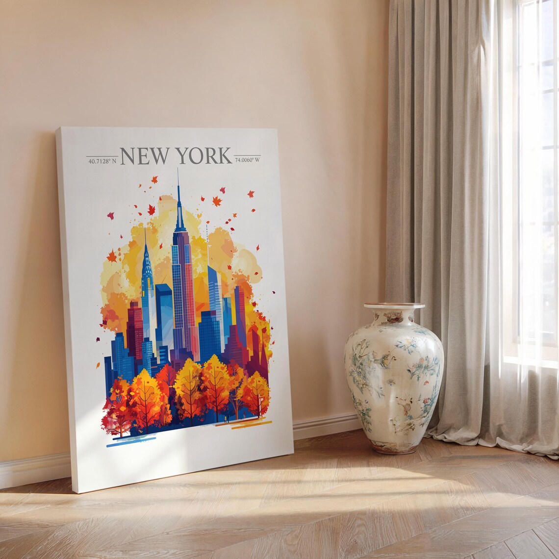 New York Autumn Skyline With Drifting Golden Fall Leaves Poster - Image 2