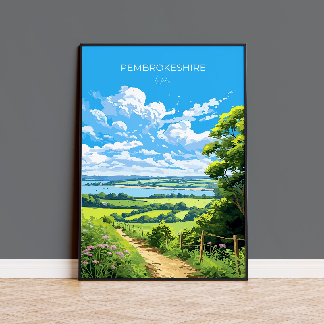 Pembrokeshire Wales Country Lane Estuary View Travel Poster Wall Decor