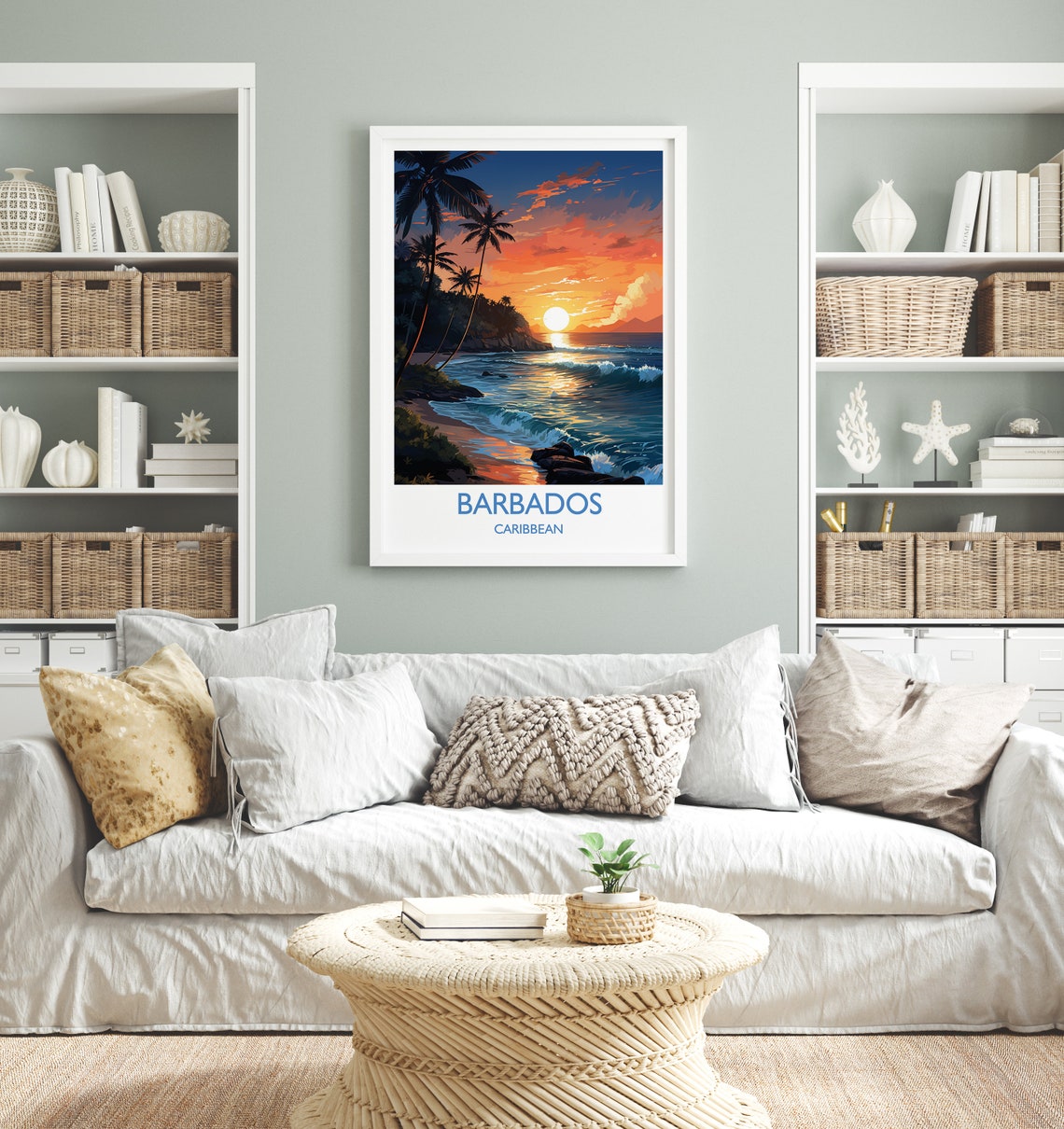 Barbados Caribbean Sunset Beach Palms Waves Bold Colors Poster - Image 2