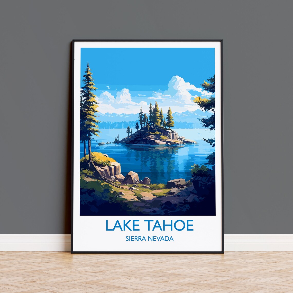 Lake Tahoe Sierra Nevada Pine Island Blue Water Travel Poster