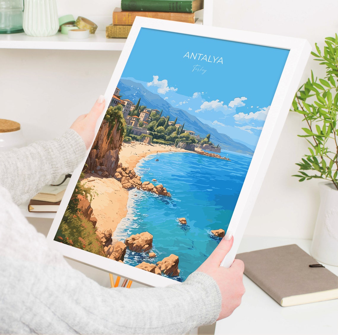 Antalya Turkey Cliffside Beach Sea Coast Scene Travel Poster - Image 5