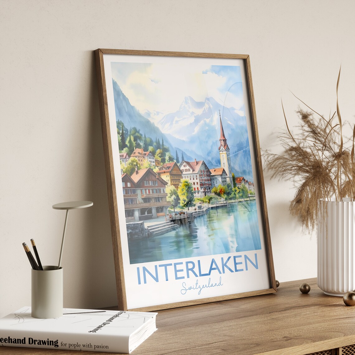 Interlaken Switzerland Alpine Lake Village Church Spire Poster - Image 4