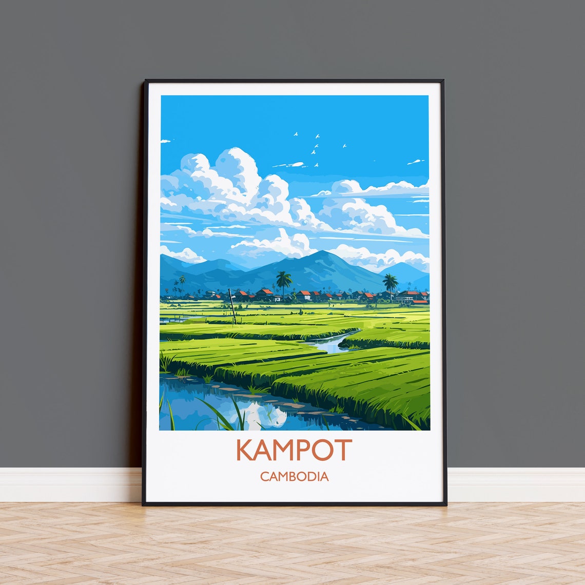 Kampot Cambodia Rice Paddy Fields Mountain Village Travel Poster