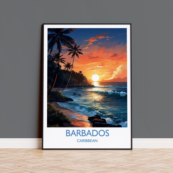 Barbados Caribbean Sunset Beach Palms Waves Bold Colors Poster