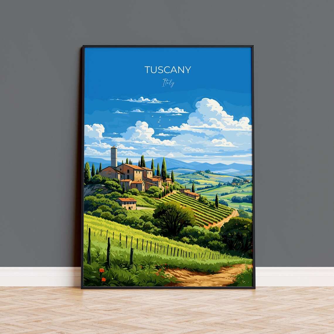 Tuscany Italy Hilltop Village Cypress Trees Vineyard Travel Poster