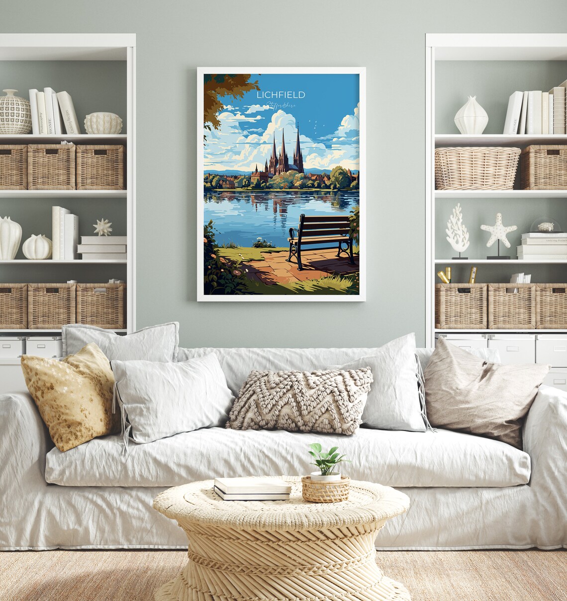 Lichfield Staffordshire Cathedral Lake Park Bench View Travel Poster - Image 2