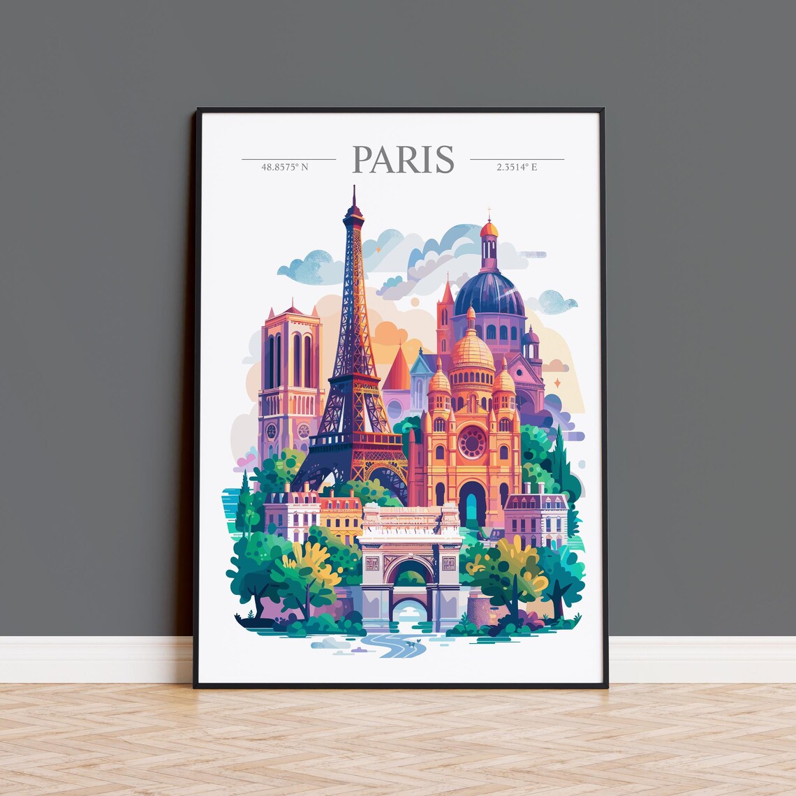 Paris France Iconic Landmarks in a Joyful Colorful Watercolor Poster