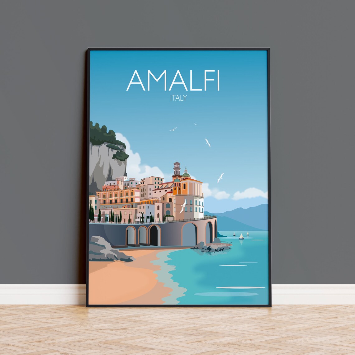 Amalfi Italy Coast Travel Poster of Cliffside Town and Beach