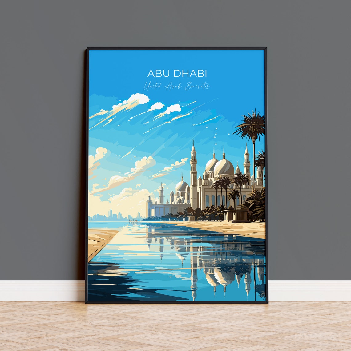 Abu Dhabi White Mosque Domes Palms Water Reflection Travel Poster