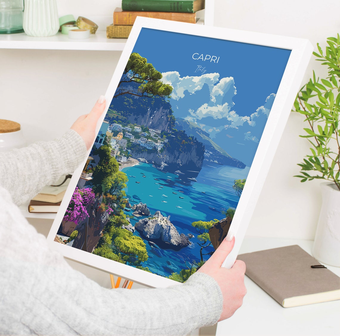 Capri Italy Cliffs Beach Cove Town Bougainvillea Summer Poster - Image 3