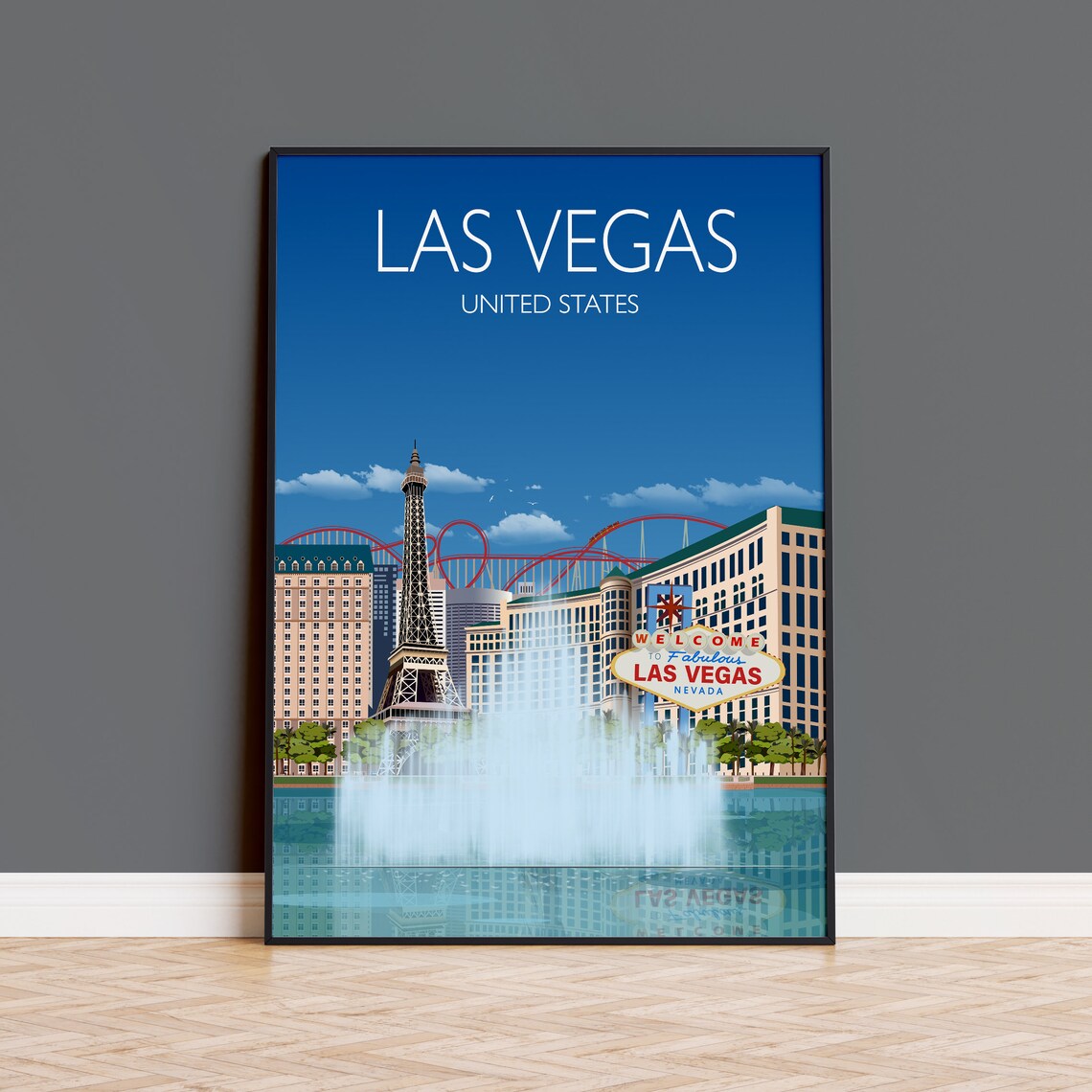 Las Vegas Nevada Welcome Sign Travel Poster of Strip Fountains