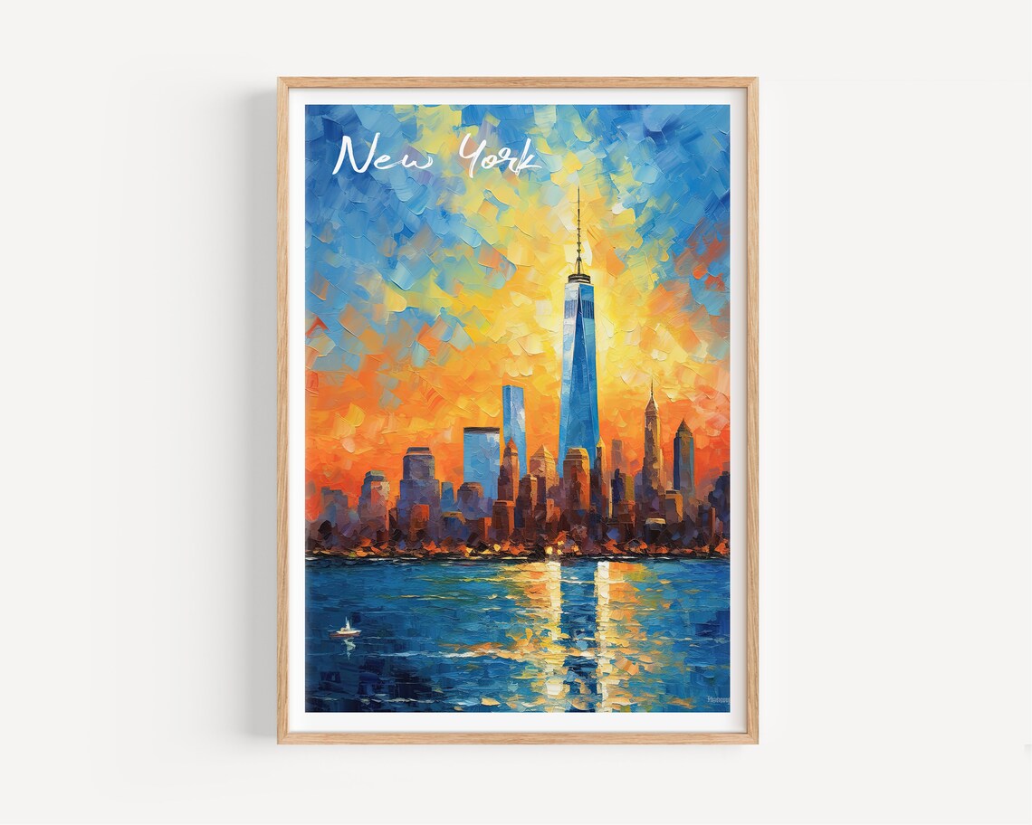 New York City Sunset Skyline Abstract Oil Painting Travel Poster