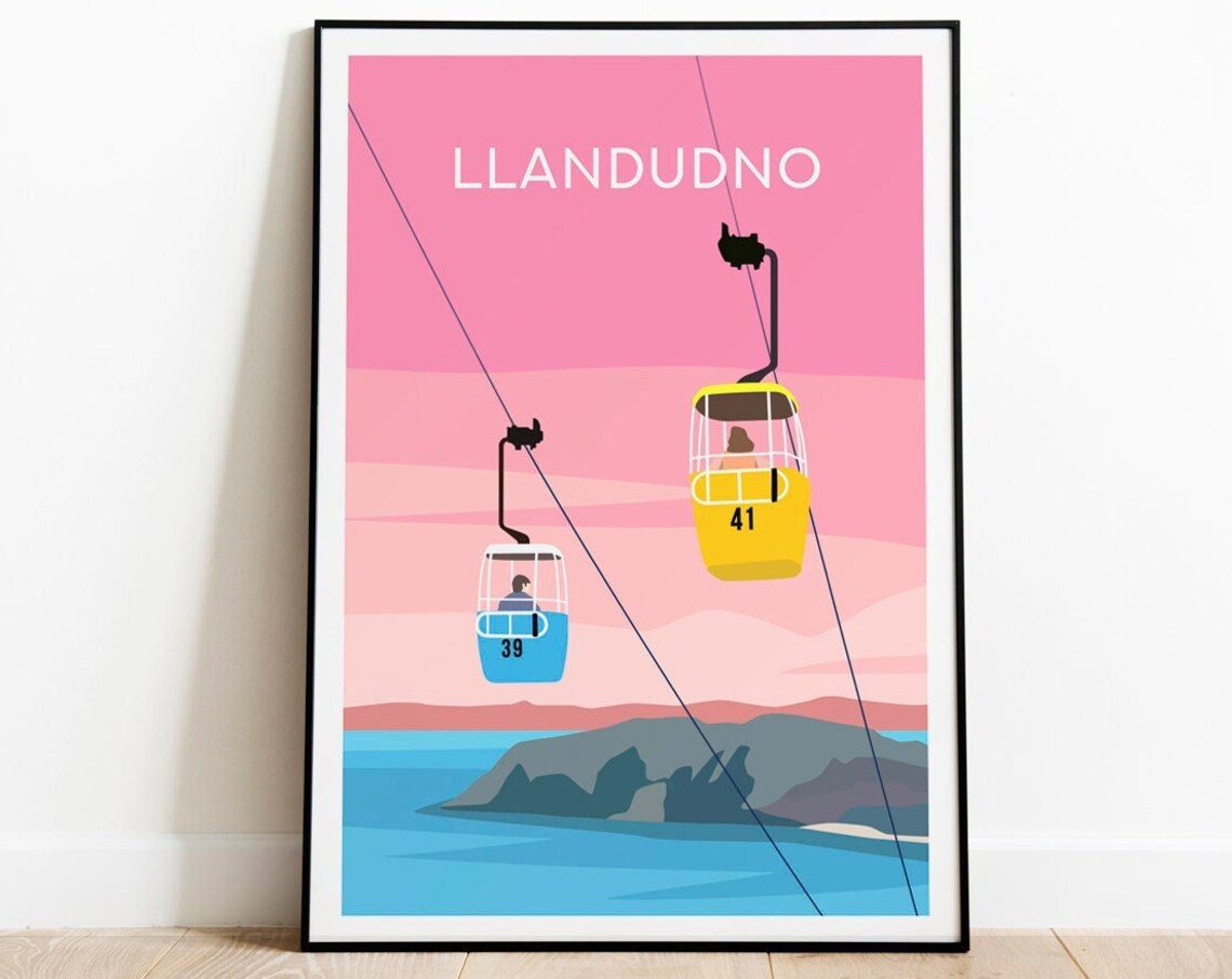 Llandudno Cable Car Over Great Orme Pink Sky Wales Travel Poster