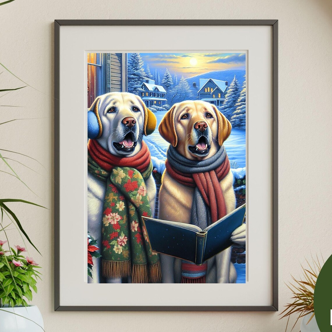Labrador Retrievers Singing Christmas Carols Snowy Village Poster