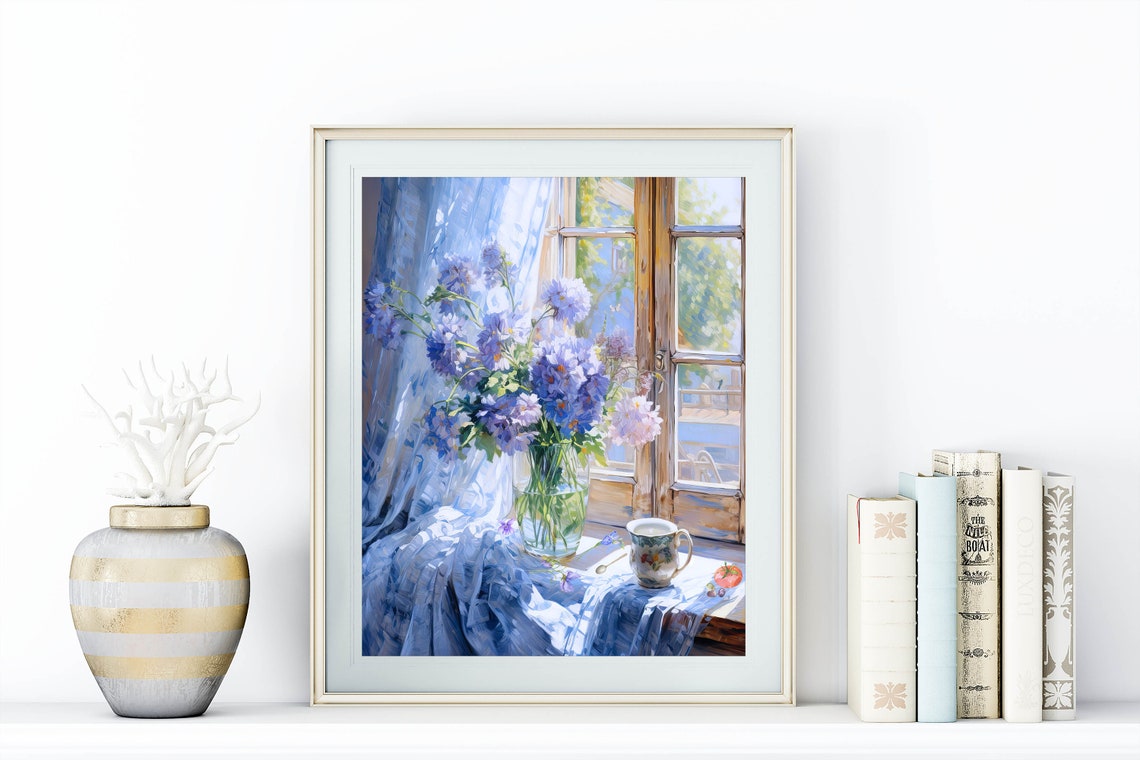 Purple Flowers In Glass Vase Sunny Window Impressionist Floral Poster - Image 3