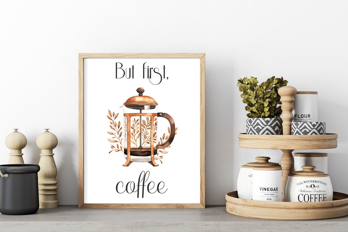 But First Coffee Copper French Press Watercolor Kitchen Poster - Image 3