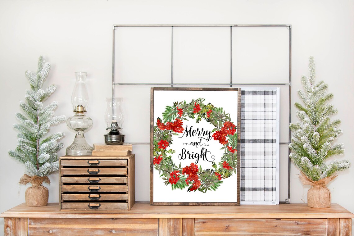 Merry and Bright Red Winterberry Wreath Watercolor Holiday Poster - Image 3
