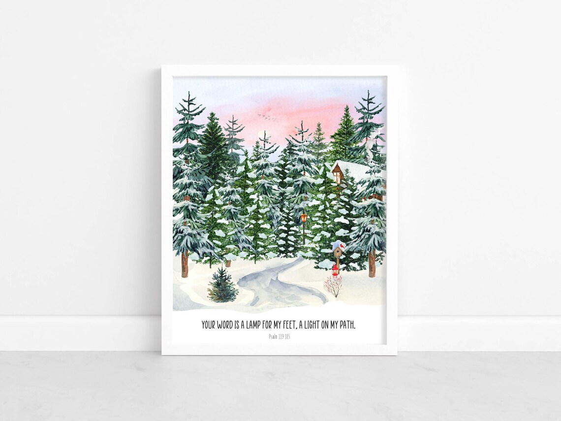 Your Word Is A Lamp For My Feet Psalm 119:105 Snowy Forest Path Poster - Image 2