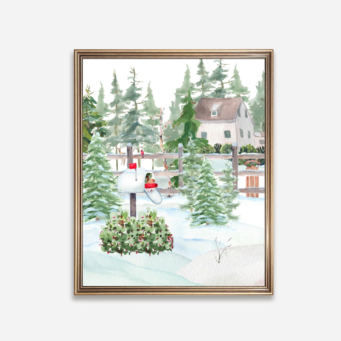 Snowy Winter Mailbox Watercolor Woodland Farmhouse Landscape Poster - Image 5