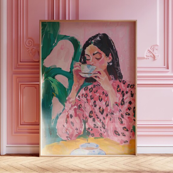 Woman Drinking Coffee Painting Poster With Leopard Top in Pink Tones
