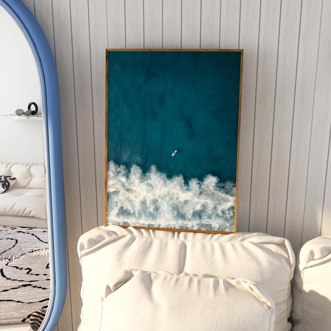 Aerial Surfer Waves Photography Poster Turquoise Ocean Paddling Scene