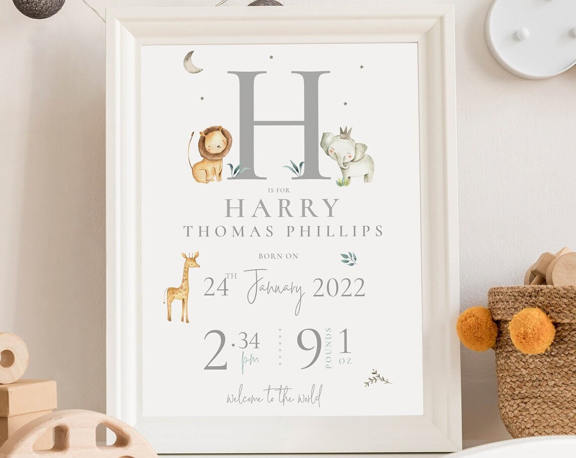 New Baby Birth Stat Nursery Safari Art Print