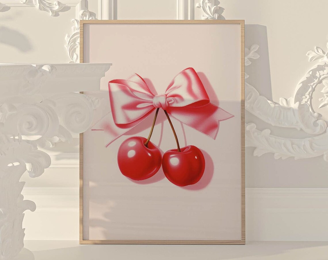 Cherry Bow Aesthetic Poster, Coquette Room Decor