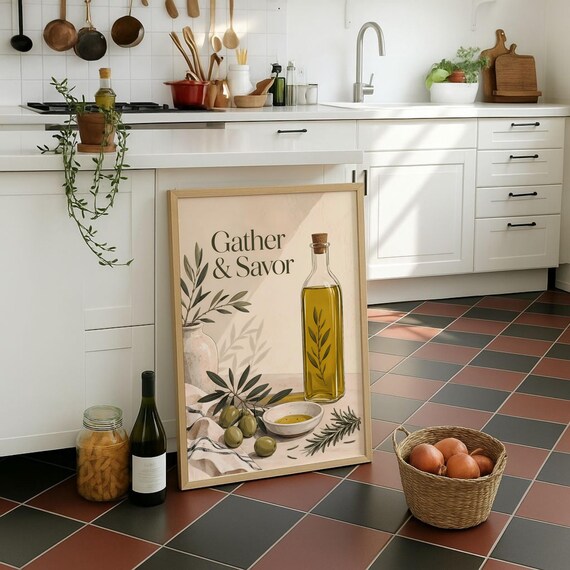 Gather & Savor Olive Oil Bottle Mediterranean Kitchen Wall Poster