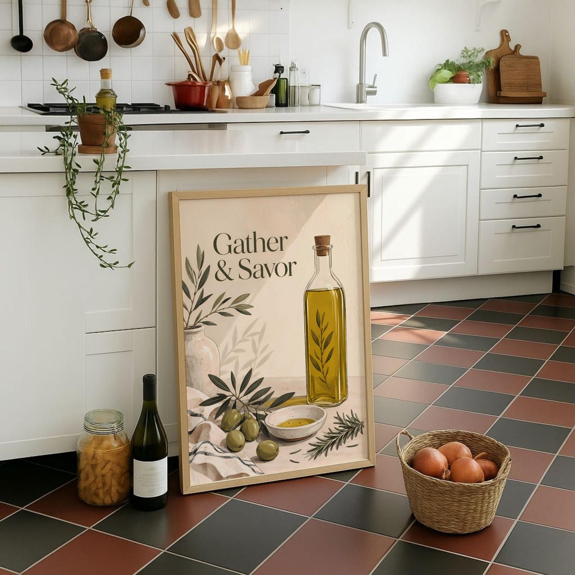 Gather & Savor Olive Oil Bottle Mediterranean Kitchen Wall Poster